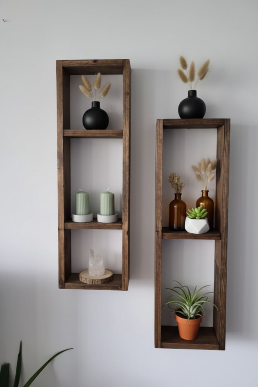 Asymmetric Wooden Wall Shelf Set of 2 - Rustic Plant Shelves | FRYDECO