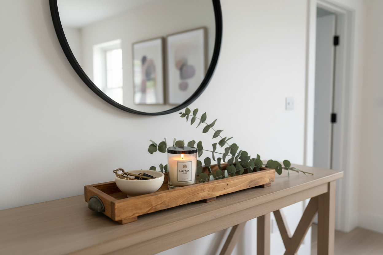 Rustic wooden tray on entryway console