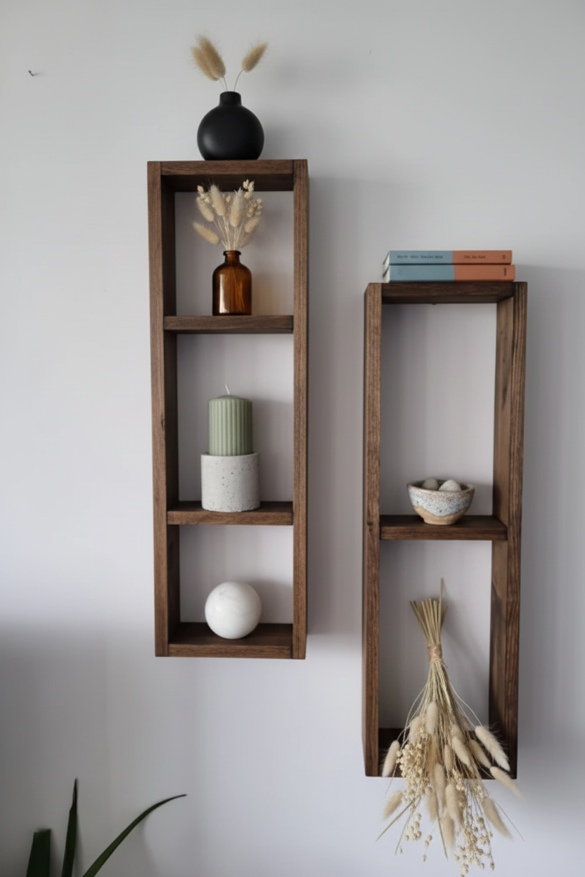 Asymmetric Wooden Wall Shelf Set of 2 - Rustic Plant Shelves | FRYDECO