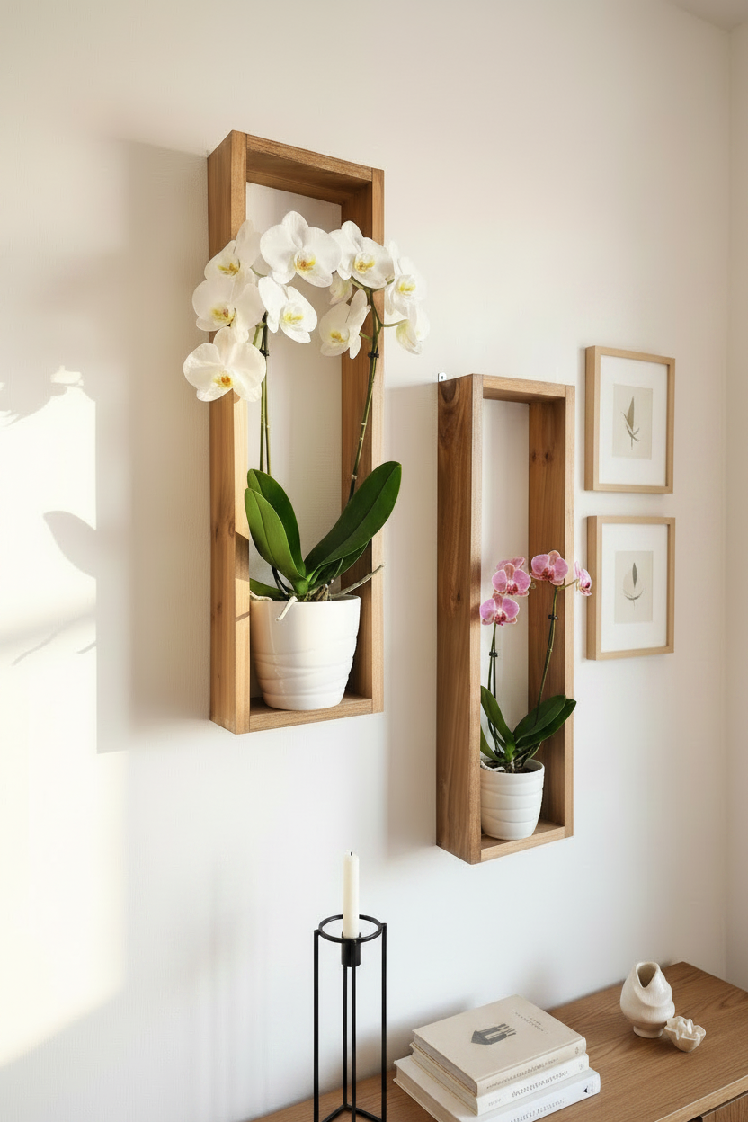 Wooden wall shelves with orchid decoration