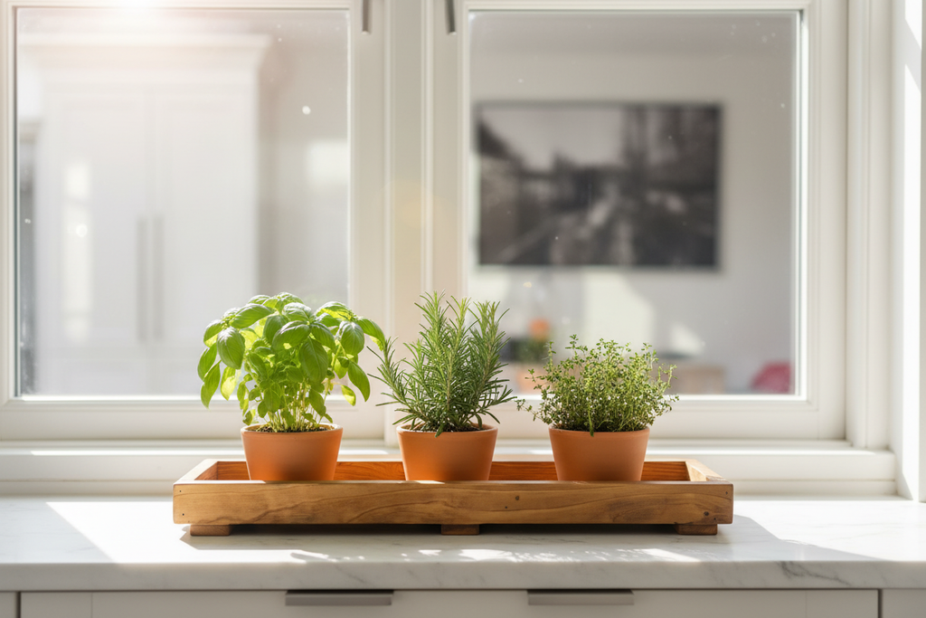Rustic wooden tray with fresh herbs on kitchen windowsill