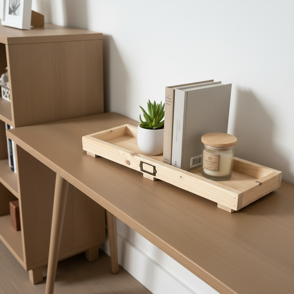 Rustic wooden tray on TV stand