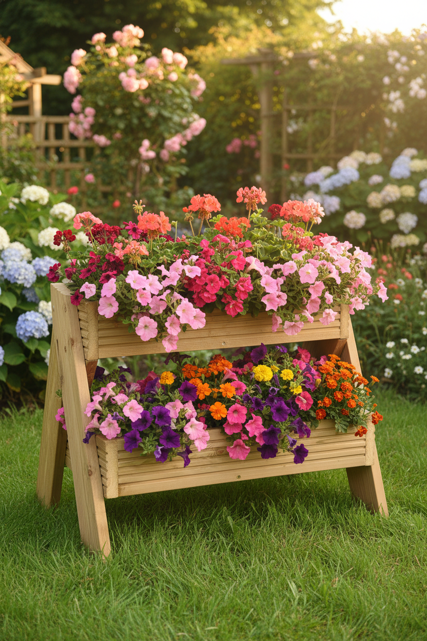 2-Tier Wooden Planter Stand - Garden Plant Display Stand | FRYDECO