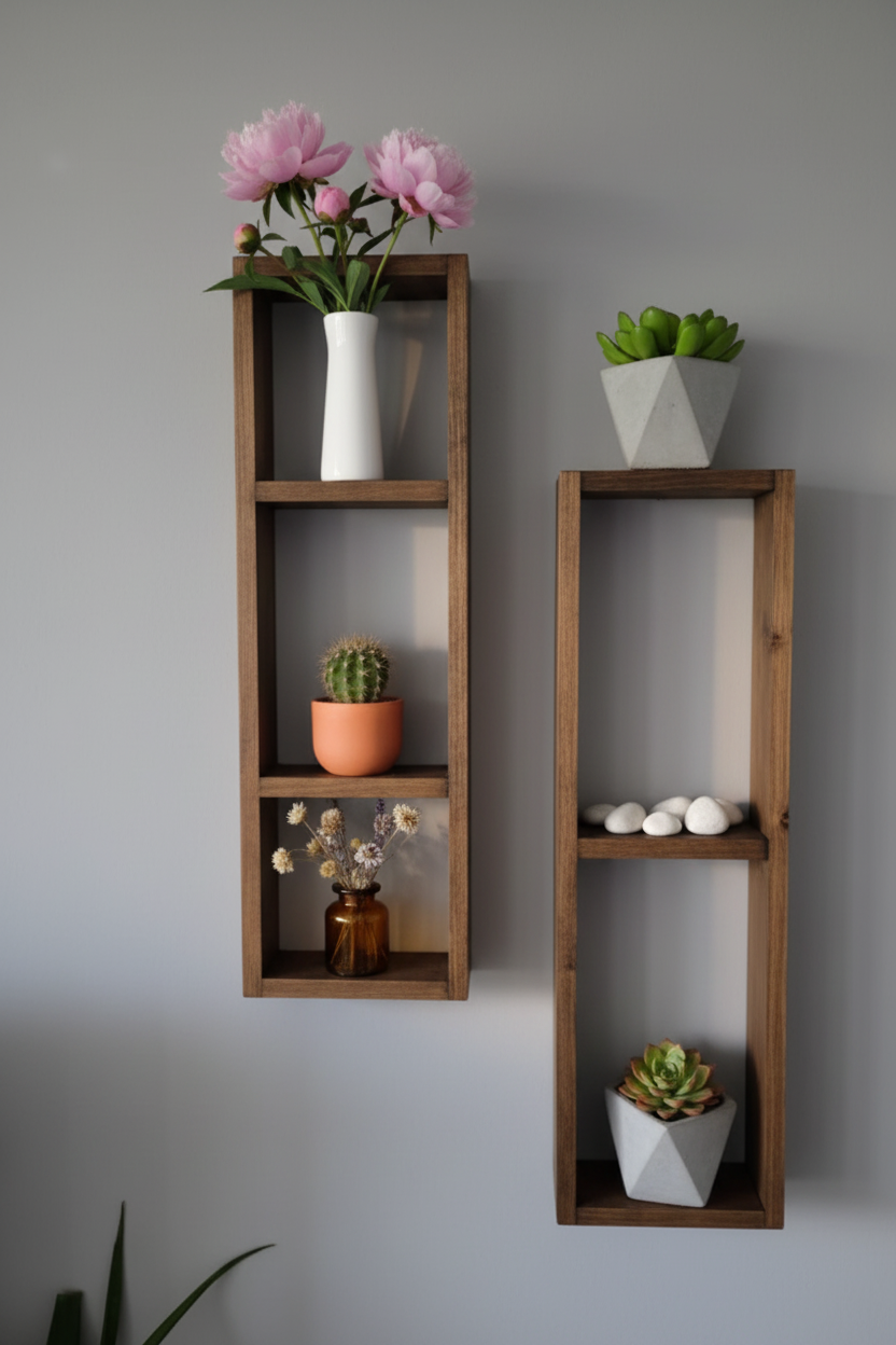 Asymmetric Wooden Wall Shelf Set of 2 - Rustic Plant Shelves | FRYDECO