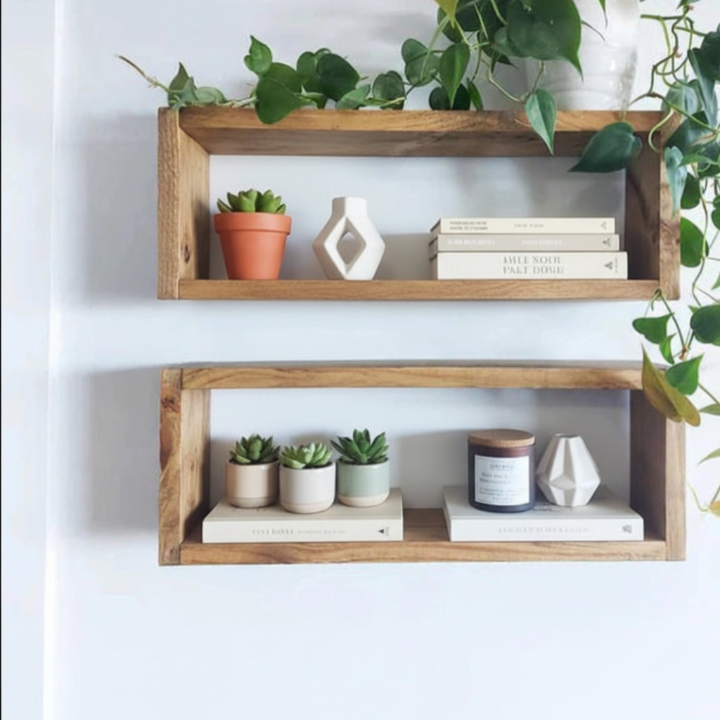 Medium Wooden Box Wall Shelf Set of 2 - Rustic Display Shelves | FRYDECO