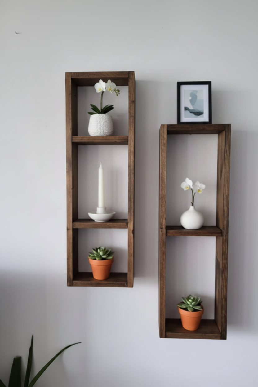 Asymmetric Wooden Wall Shelf Set of 2 - Rustic Plant Shelves | FRYDECO
