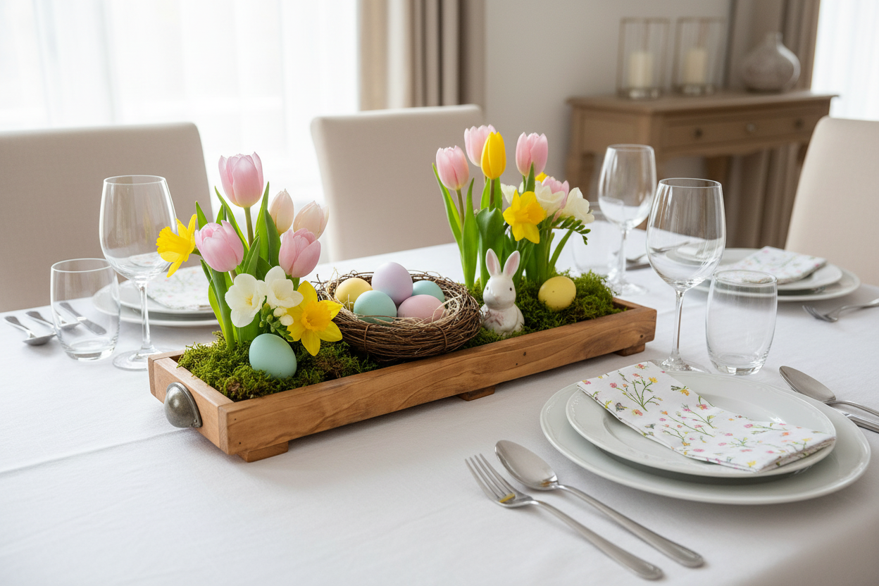Rustic wooden tray Easter centerpiece
