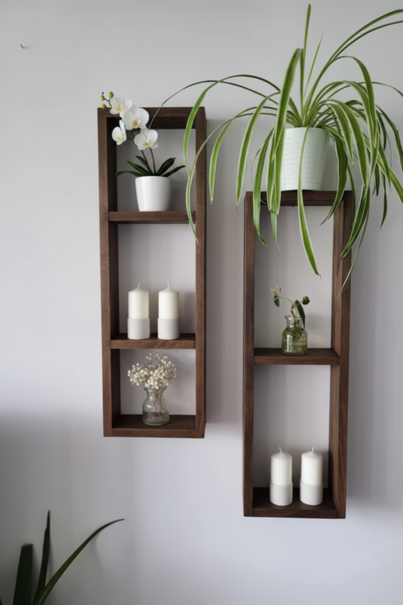 Asymmetric Wooden Wall Shelf Set of 2 - Rustic Plant Shelves | FRYDECO