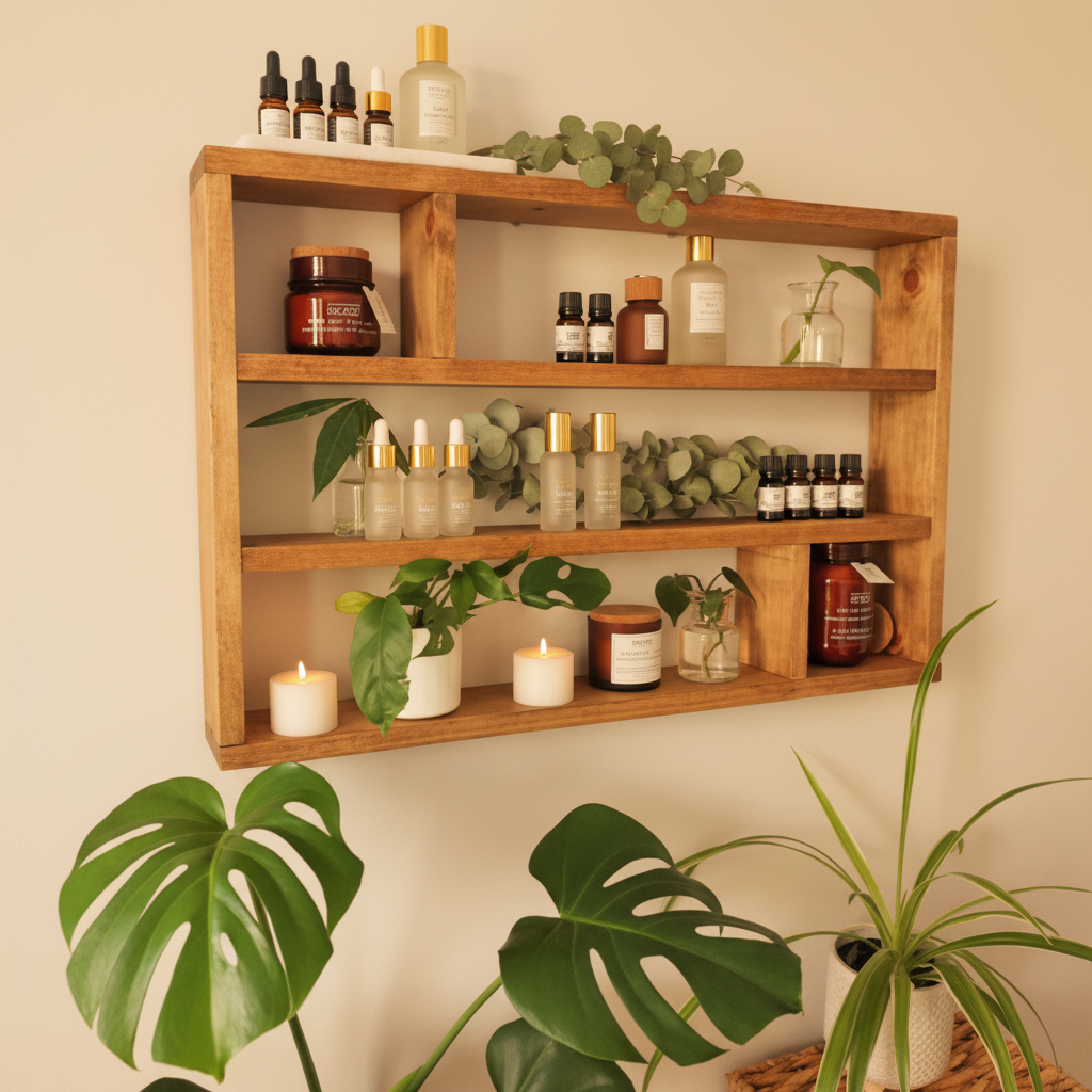 Horizontal Essential Oils Shelf - Wide Wooden Display Shelf | FRYDECO