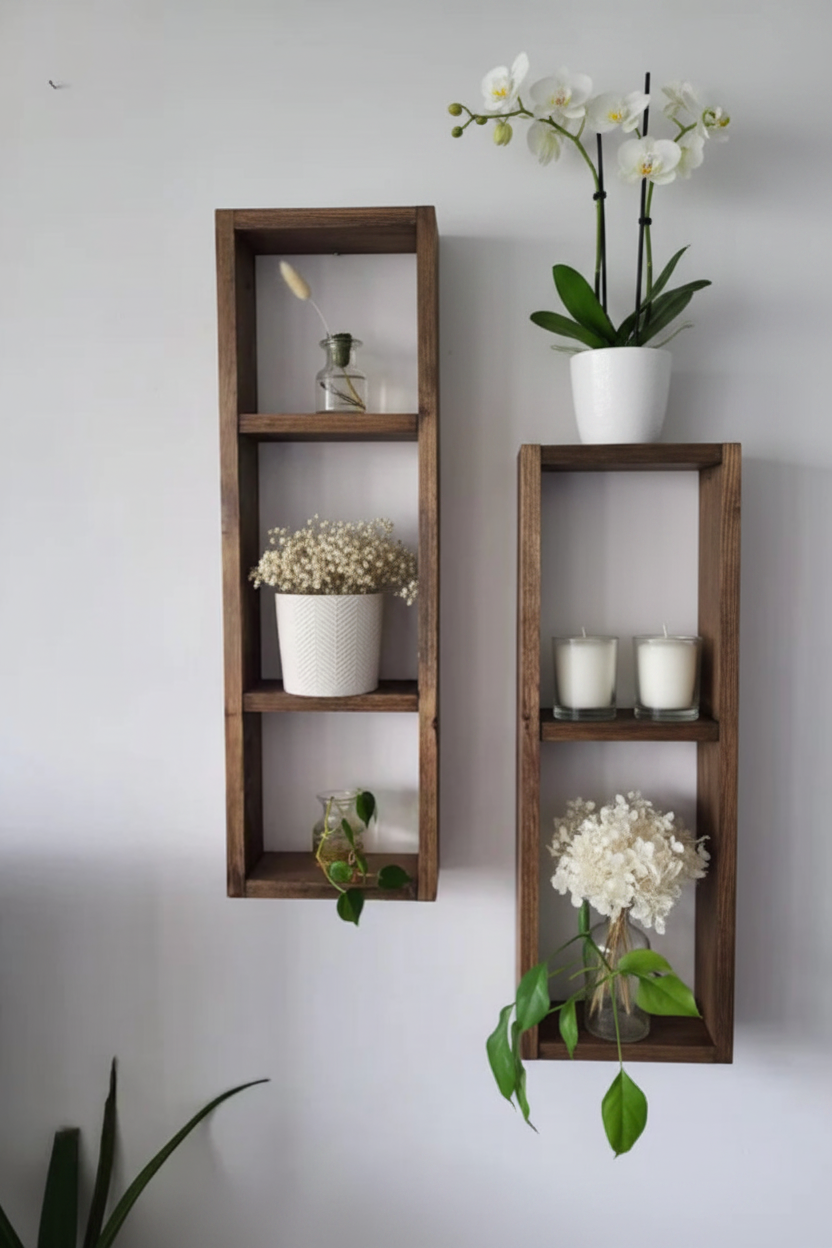 Asymmetric Wooden Wall Shelf Set of 2 - Rustic Plant Shelves | FRYDECO