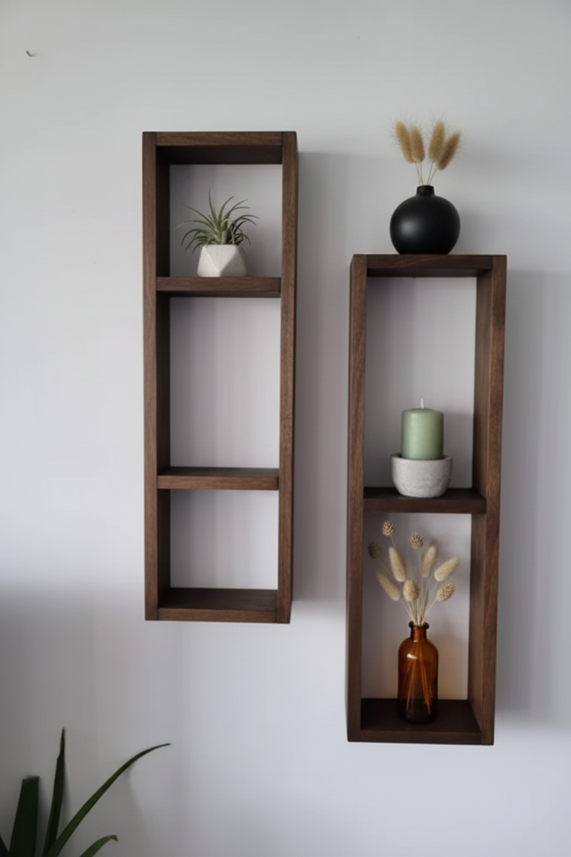 Asymmetric Wooden Wall Shelf Set of 2 - Rustic Plant Shelves | FRYDECO