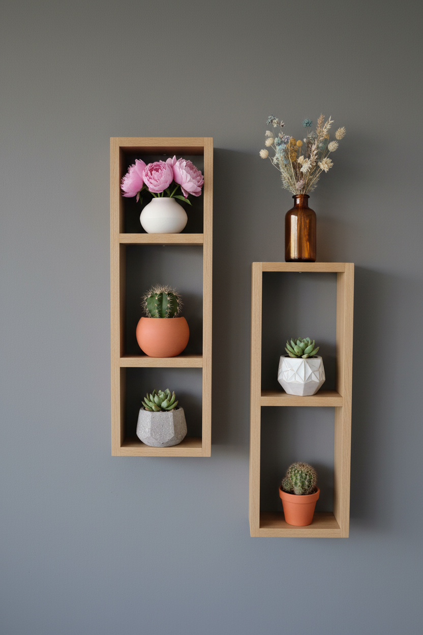 Asymmetric Wooden Wall Shelf Set of 2 - Rustic Plant Shelves | FRYDECO