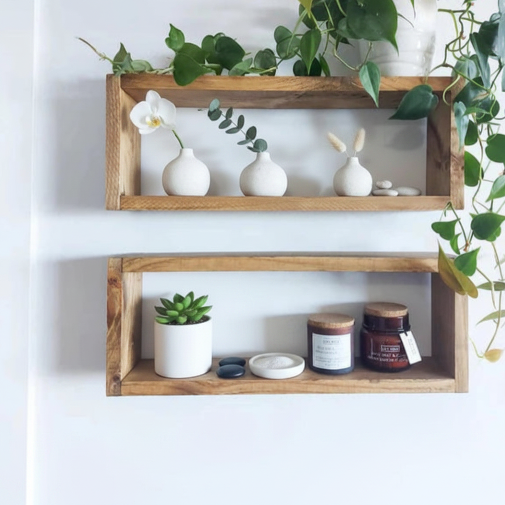 Medium Wooden Box Wall Shelf Set of 2 - Rustic Display Shelves | FRYDECO