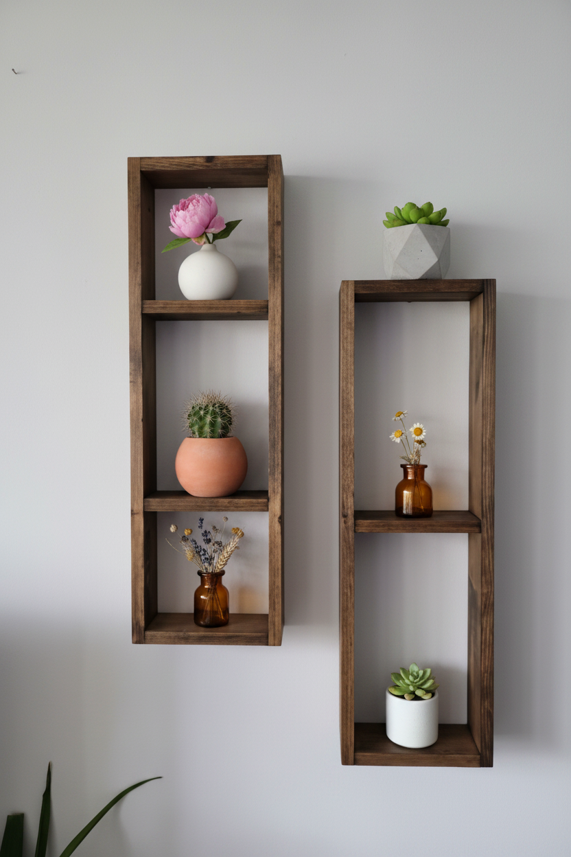 Asymmetric Wooden Wall Shelf Set of 2 - Rustic Plant Shelves | FRYDECO