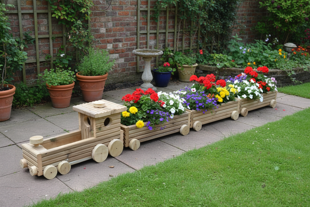 Handmade wooden train planter in a beautiful garden setting with colourful flowers