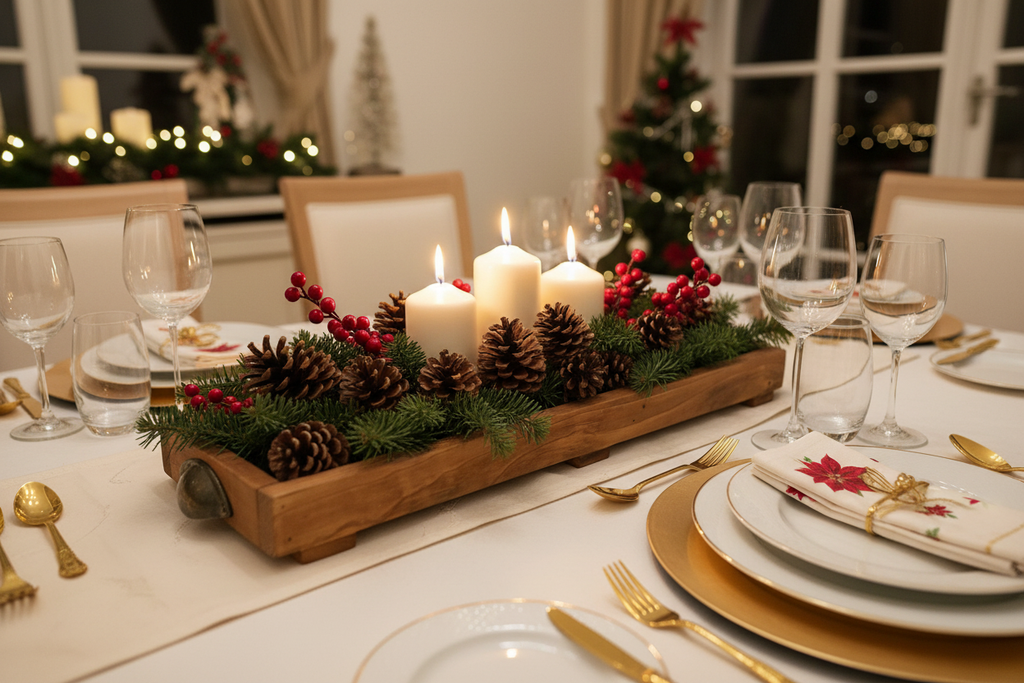 Rustic wooden tray Christmas centerpiece