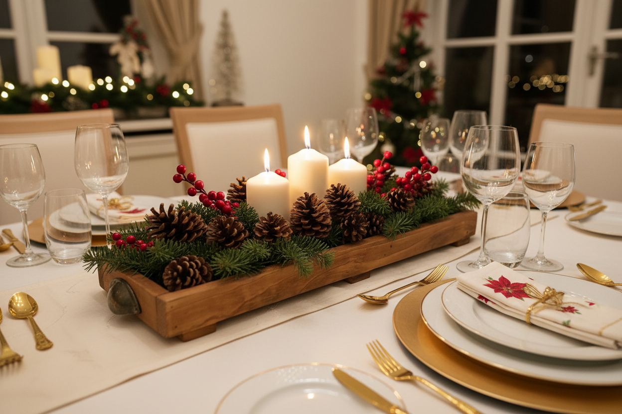 Rustic wooden tray Christmas centerpiece