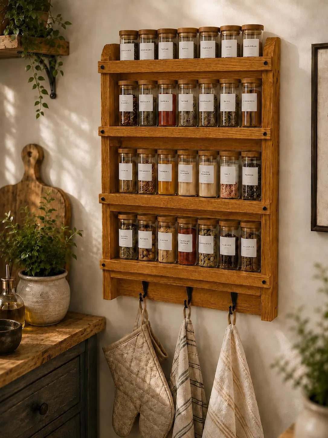 Wooden Spice Rack with Hooks | Handmade Wall Mounted Kitchen Shelf | Rustic Spice Organizer | Solid Pine Storage Shelf