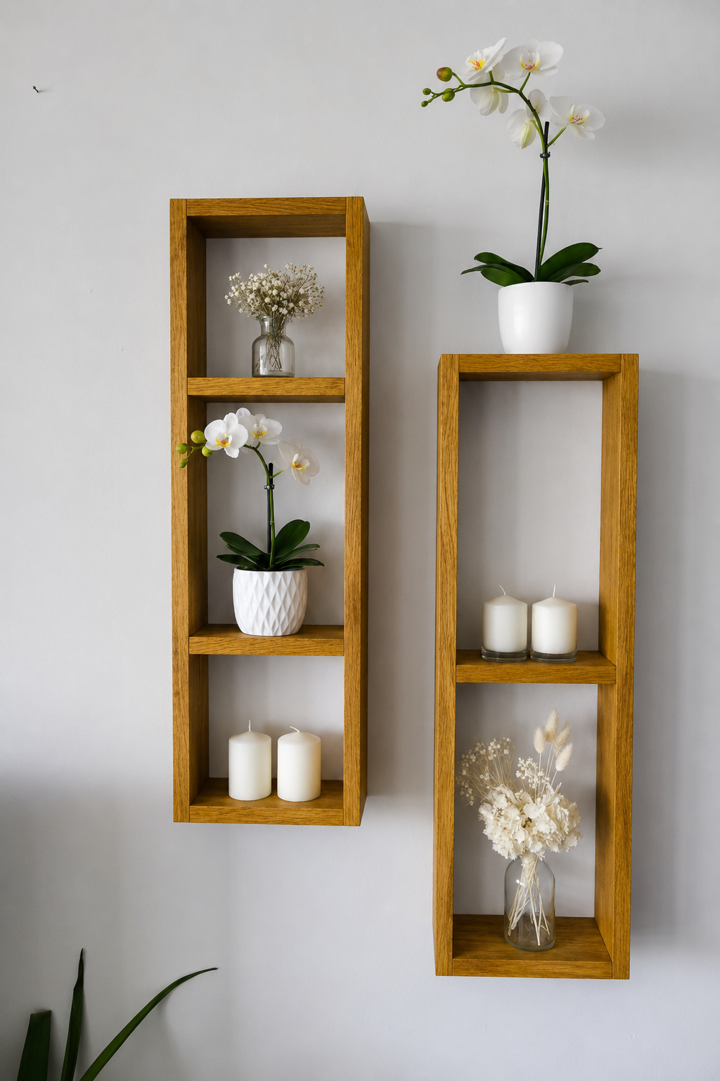 Asymmetric Wooden Wall Shelves Set of 2, Rustic Plant Display Shelves, Geometric Pine Wall Decor | FRYDECO