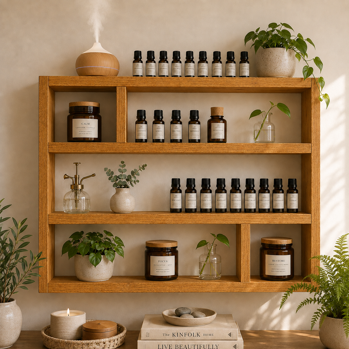 Essential Oil Shelf, Wide Wooden Wall Display Shelf, Essential Oil Storage Rack, Rustic Aromatherapy Organiser | FRYDECO