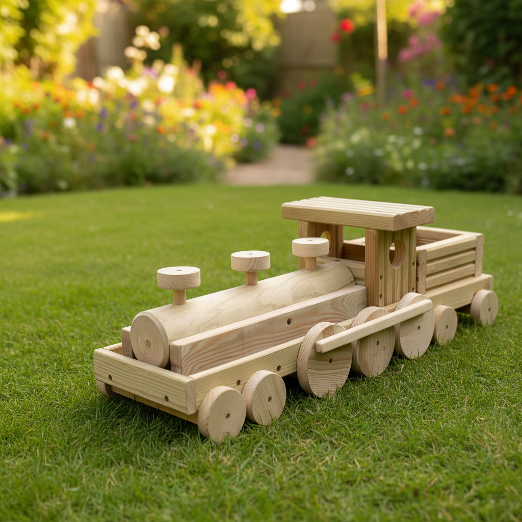 Large Wooden Train Planter – Garden Train Planter with 2 Carriages – Outdoor Flower Planter – Unique Garden Decor