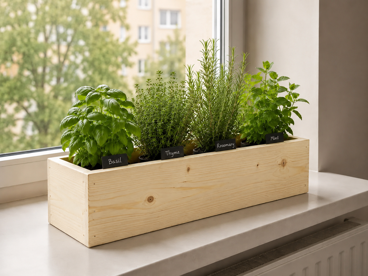 Wooden Herb Box Planter | Kitchen Windowsill Indoor Garden | Rustic Farmhouse Style
