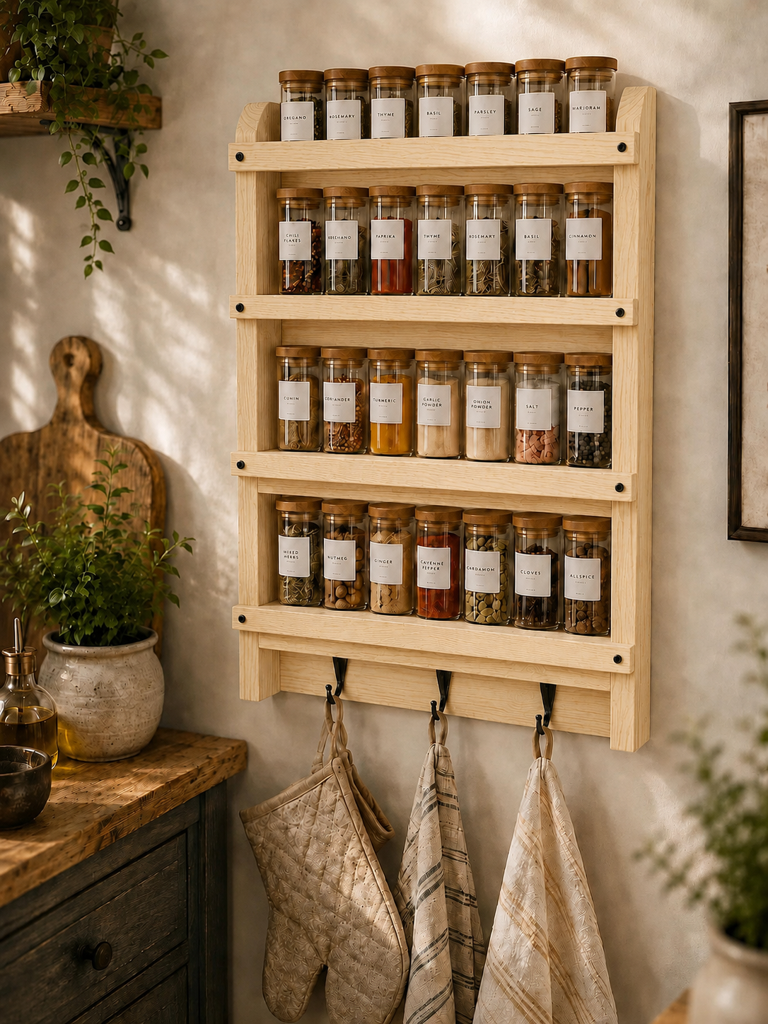 Wooden Spice Rack with Hooks | Handmade Wall Mounted Kitchen Shelf | Rustic Spice Organizer | Solid Pine Storage Shelf
