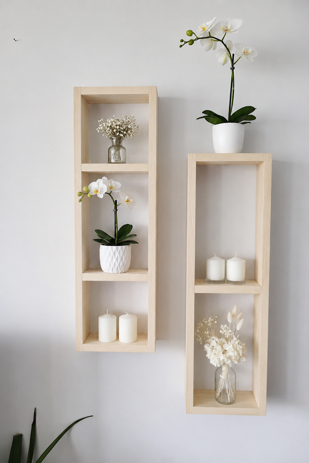 Asymmetric Wooden Wall Shelves Set of 2, Rustic Plant Display Shelves, Geometric Pine Wall Decor | FRYDECO
