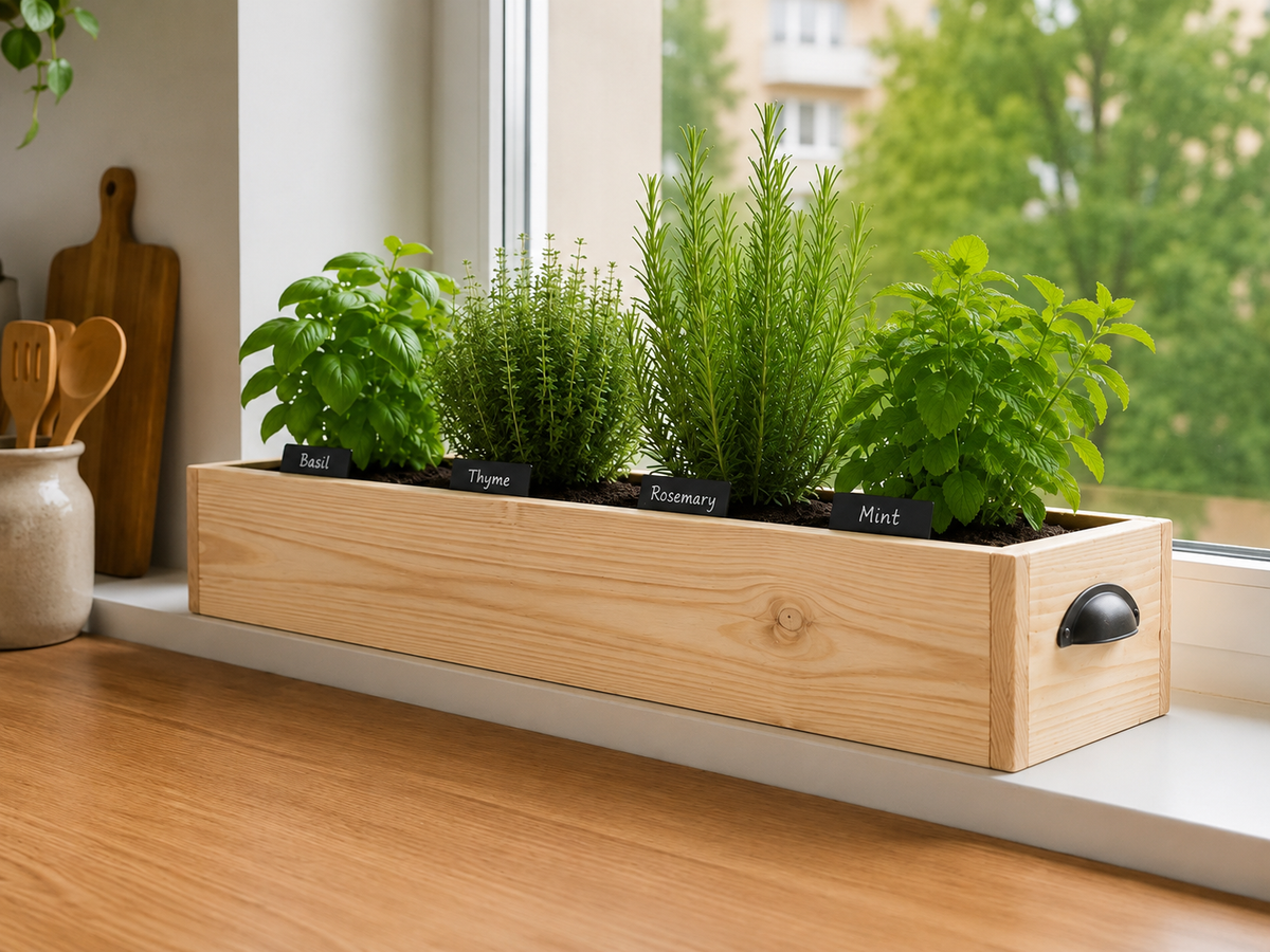 Wooden Herb Box Planter | Kitchen Windowsill Indoor Garden | Rustic Farmhouse Style