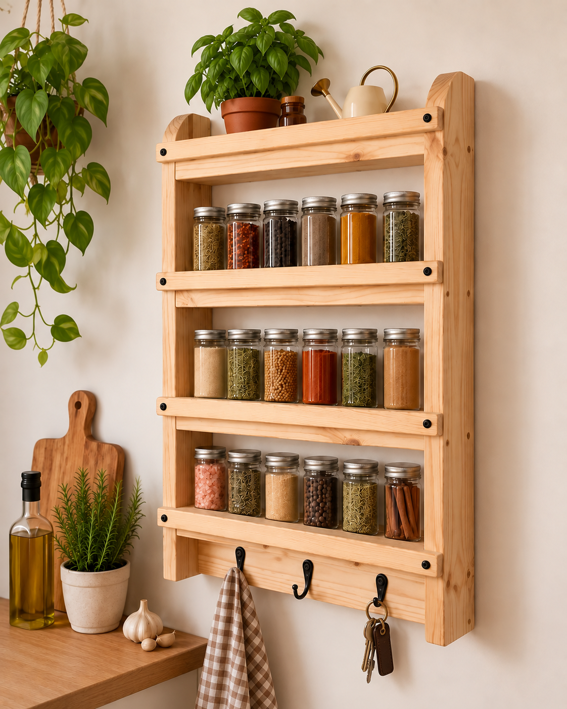 Wooden Spice Rack with Hooks | Handmade Wall Mounted Kitchen Shelf | Rustic Spice Organizer | Solid Pine Storage Shelf