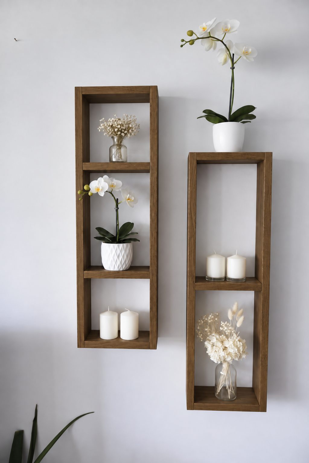 Asymmetric Wooden Wall Shelves Set of 2, Rustic Plant Display Shelves, Geometric Pine Wall Decor | FRYDECO