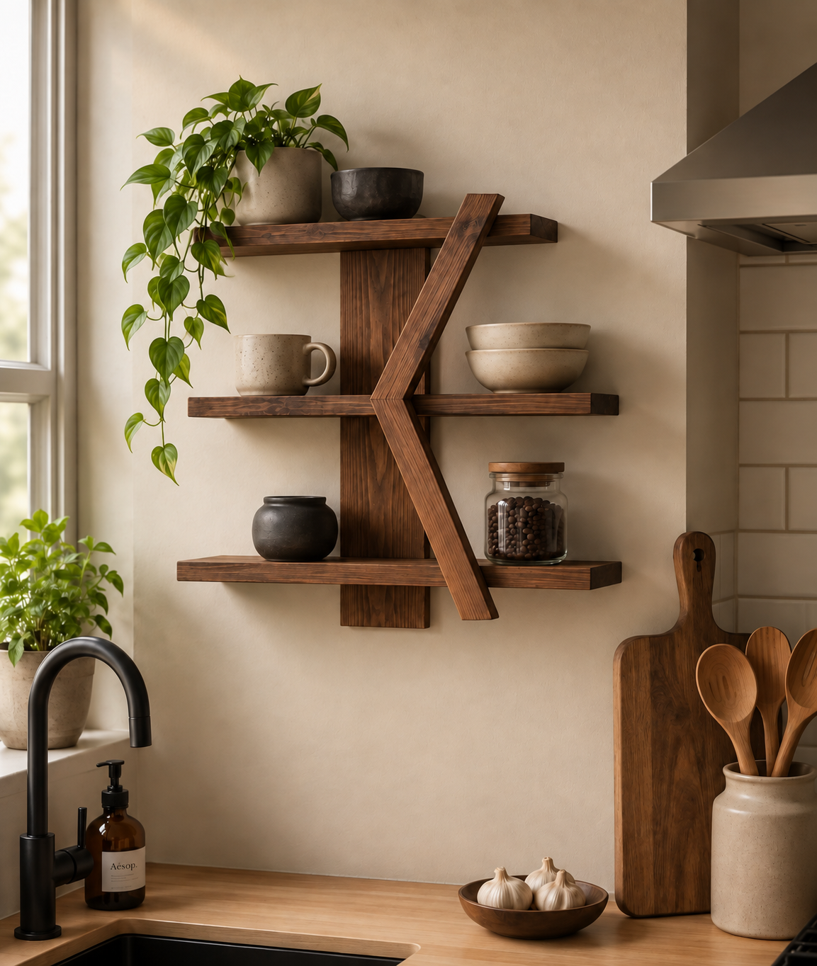 Geometric Wooden Wall Shelf | Handmade 3-Tier Pine Shelf