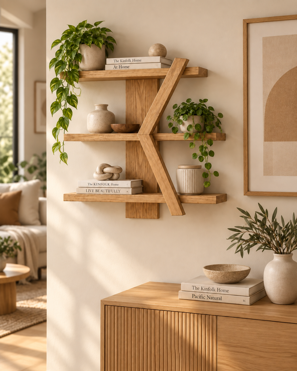 Geometric Wooden Wall Shelf | Handmade 3-Tier Pine Shelf