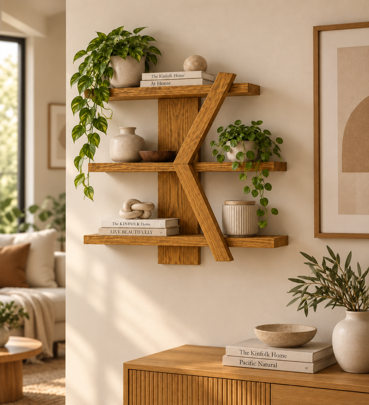 Geometric Wooden Wall Shelf | Handmade 3-Tier Pine Shelf