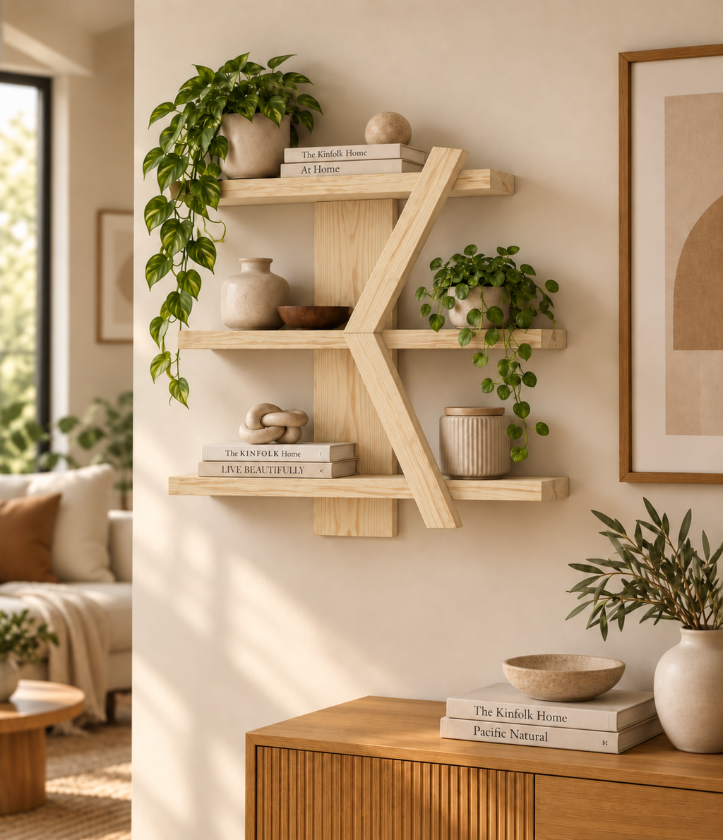 Geometric Wooden Wall Shelf | Handmade 3-Tier Pine Shelf