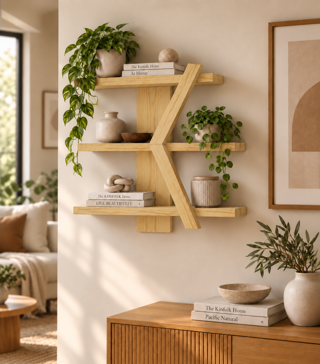 Geometric Wooden Wall Shelf | Handmade 3-Tier Pine Shelf