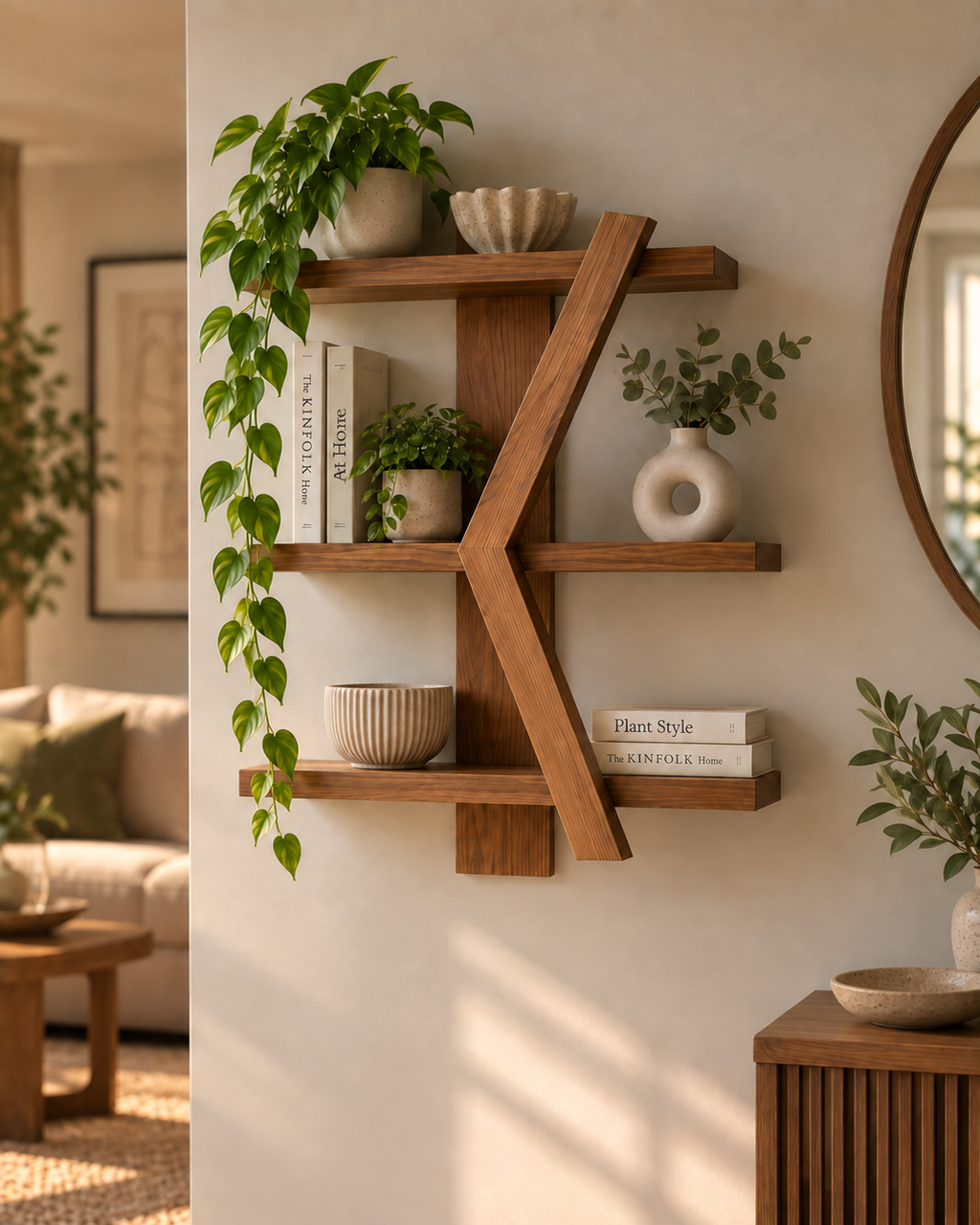 Geometric Wooden Wall Shelf | Handmade 3-Tier Pine Shelf