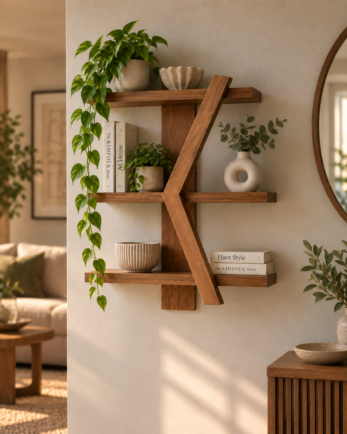 Geometric Wooden Wall Shelf | Handmade 3-Tier Pine Shelf
