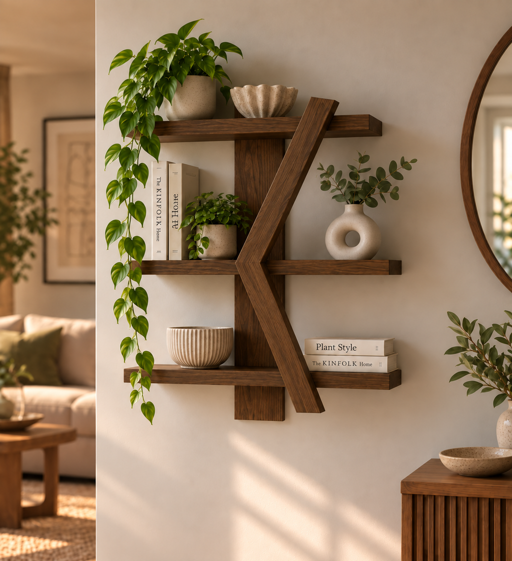 Geometric Wooden Wall Shelf | Handmade 3-Tier Pine Shelf