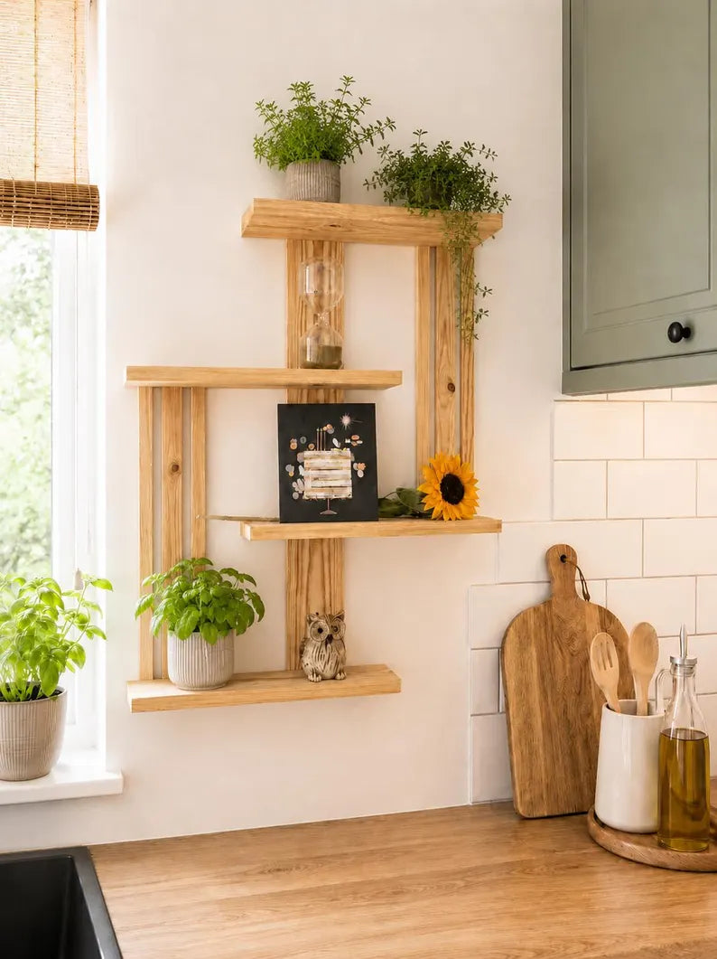 Large Geometric Pine Shelf – Handmade Scandinavian Floating Wall Decor