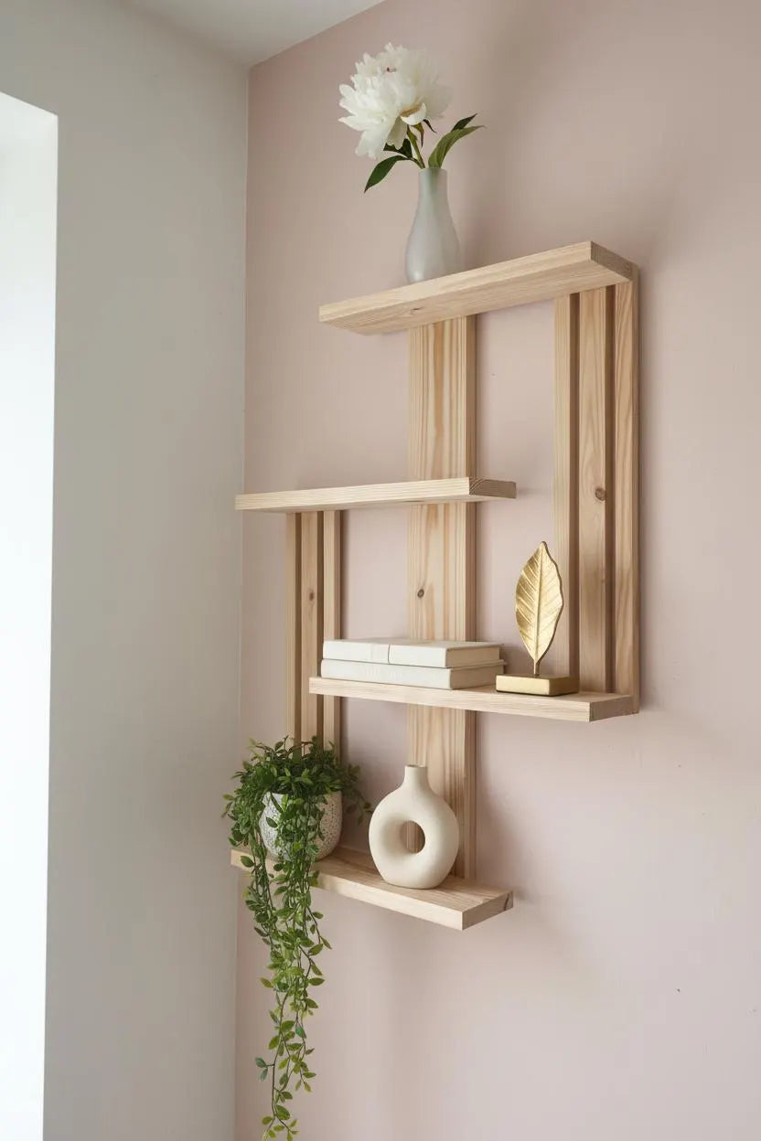 Large Geometric Pine Shelf – Handmade Scandinavian Floating Wall Decor