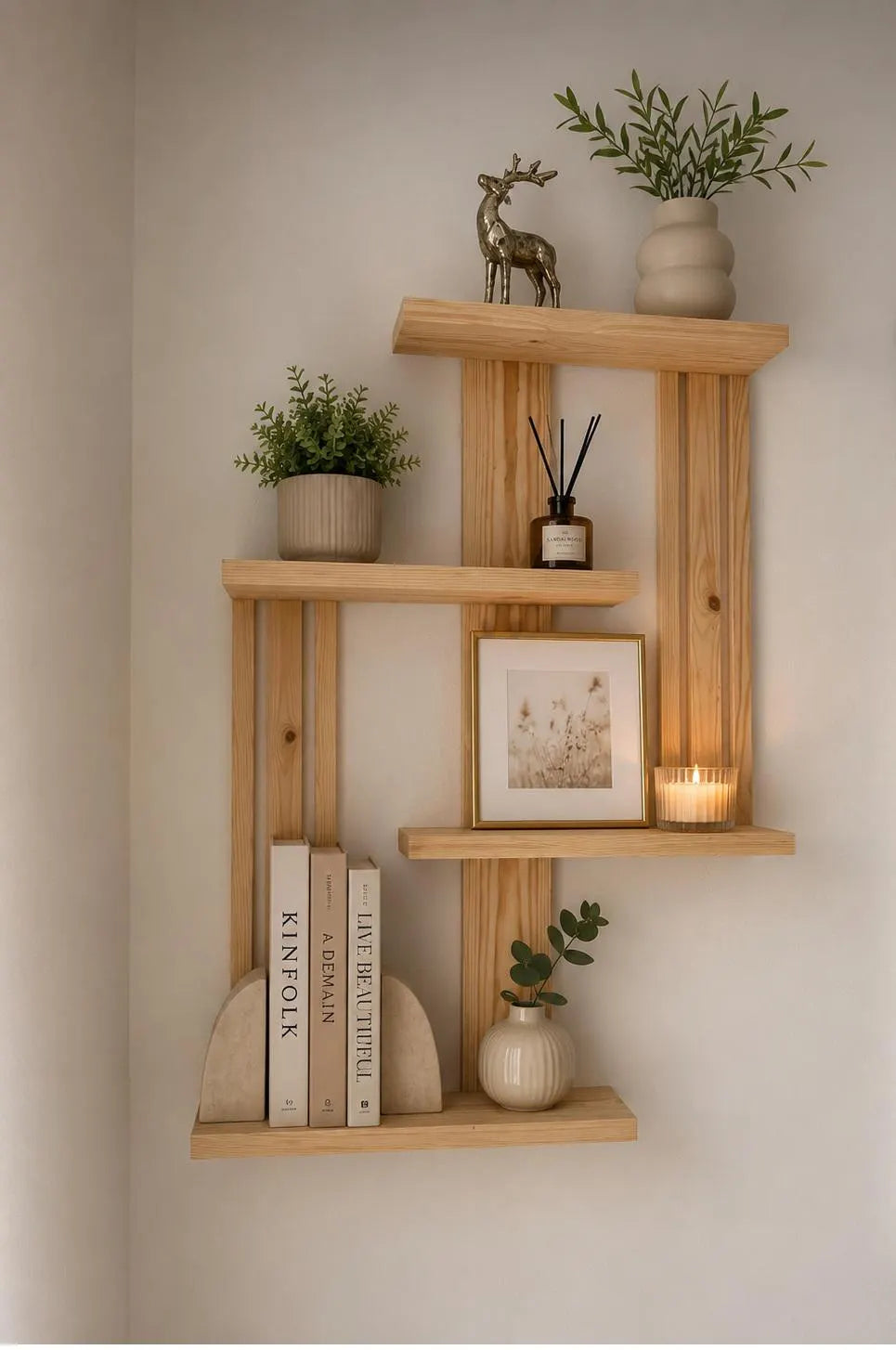 Large Geometric Pine Shelf – Handmade Scandinavian Floating Wall Decor
