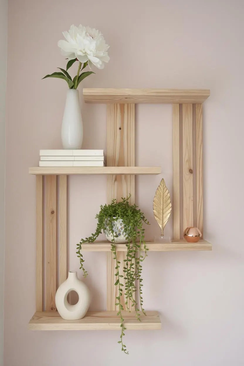 Large Geometric Pine Shelf – Handmade Scandinavian Floating Wall Decor