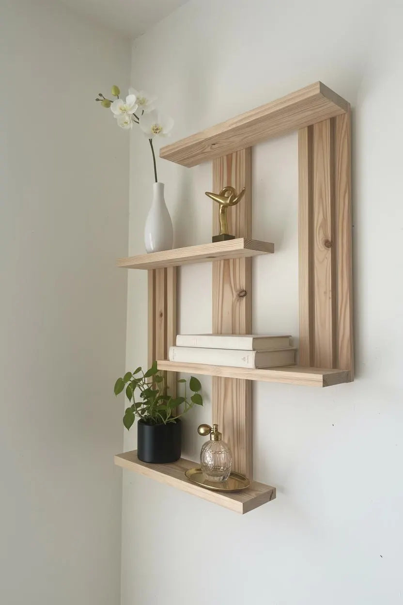 Large Geometric Pine Shelf – Handmade Scandinavian Floating Wall Decor
