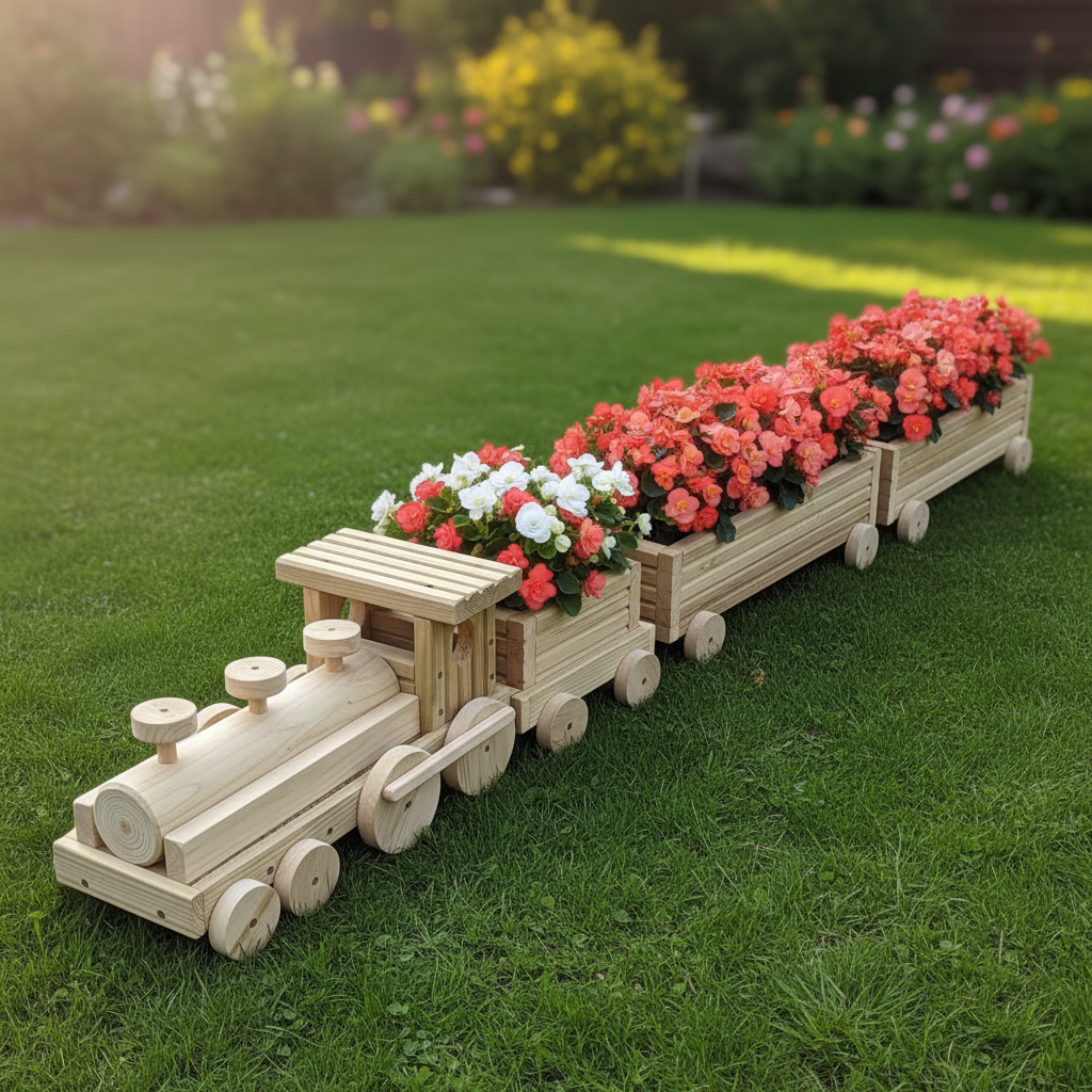 Large Wooden Train Planter – Garden Train Planter with 2 Carriages – Outdoor Flower Planter – Unique Garden Decor