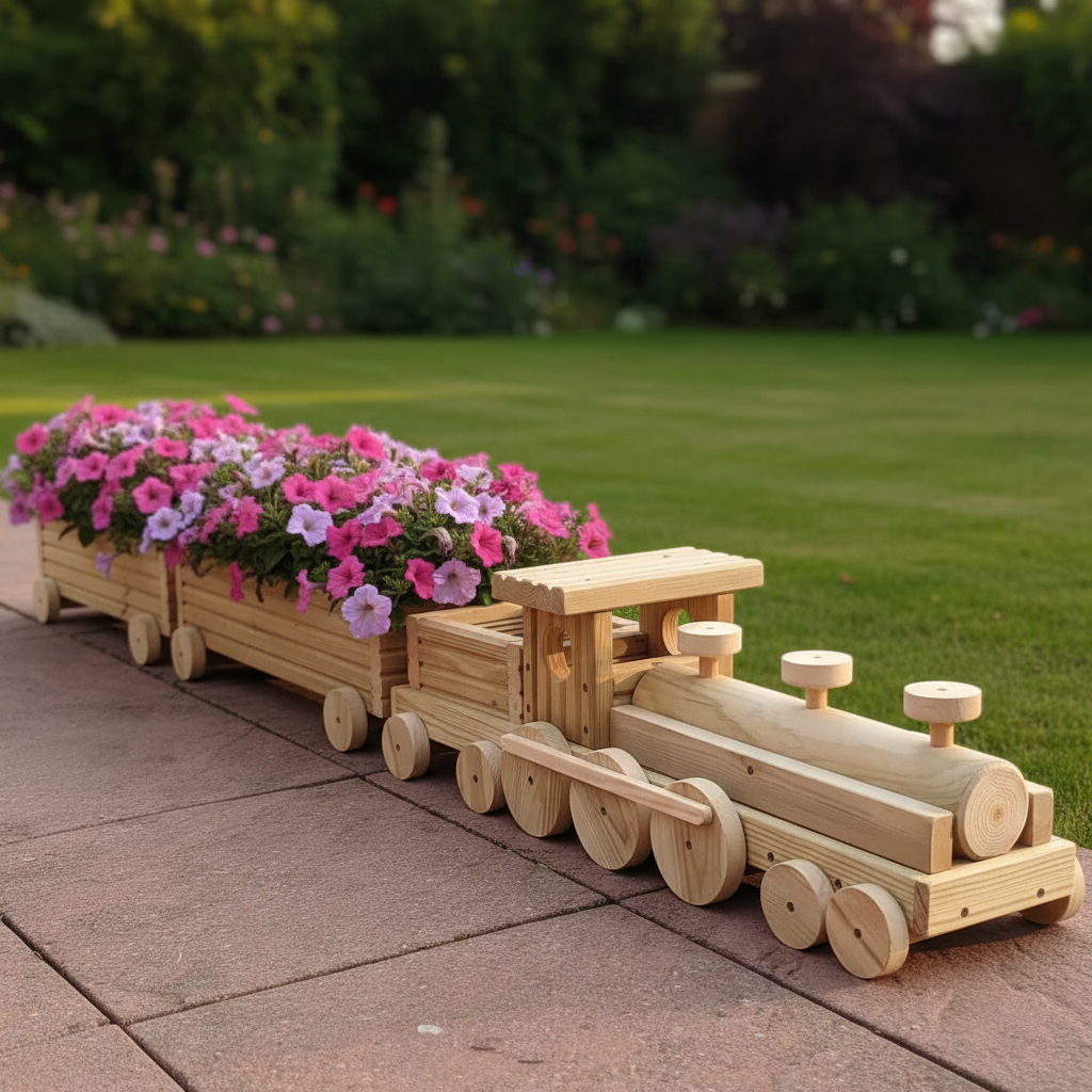Large Wooden Train Planter – Garden Train Planter with 2 Carriages – Outdoor Flower Planter – Unique Garden Decor