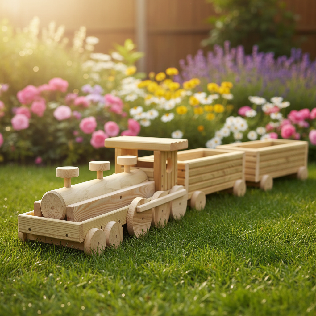 Large Wooden Train Planter – Garden Train Planter with 2 Carriages – Outdoor Flower Planter – Unique Garden Decor