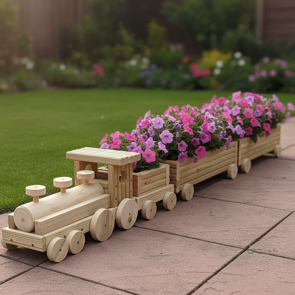 Large Wooden Train Planter – Garden Train Planter with 2 Carriages – Outdoor Flower Planter – Unique Garden Decor