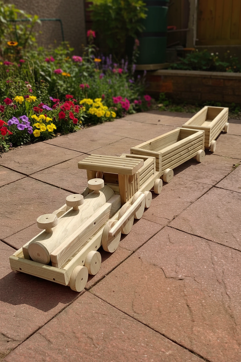 Large Wooden Train Planter – Garden Train Planter with 2 Carriages – Outdoor Flower Planter – Unique Garden Decor