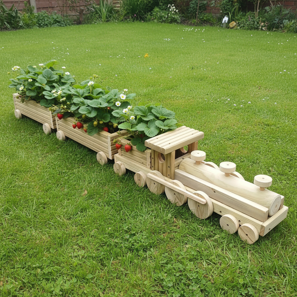 Large Wooden Train Planter – Garden Train Planter with 2 Carriages – Outdoor Flower Planter – Unique Garden Decor